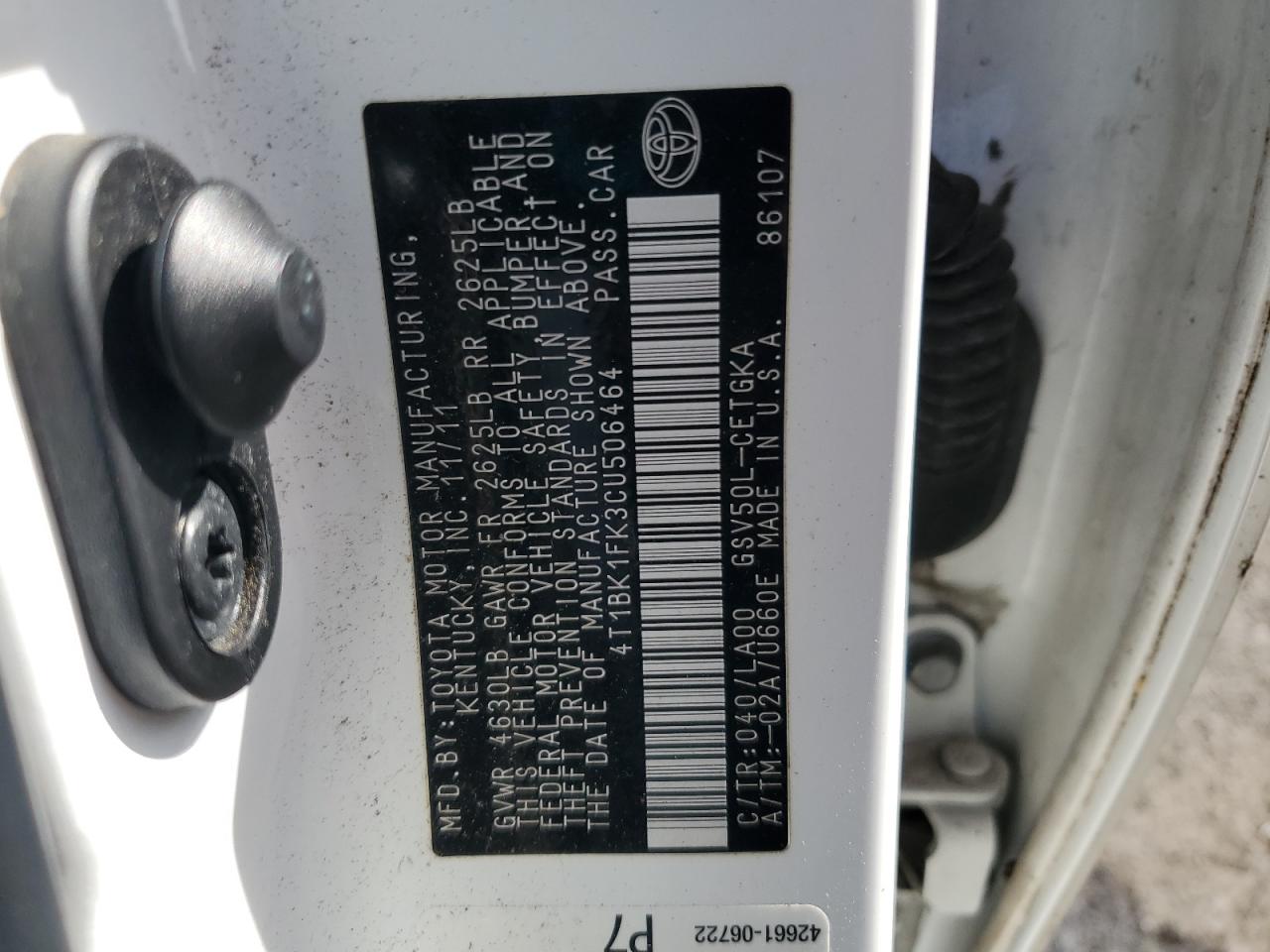 2012 Toyota Camry Se VIN: 4T1BK1FK3CU506464 Lot: 85293165