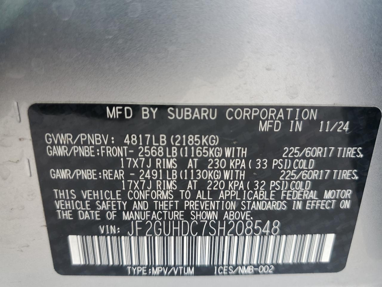 2025 Subaru Crosstrek Premium VIN: JF2GUHDC7SH208548 Lot: 89500115