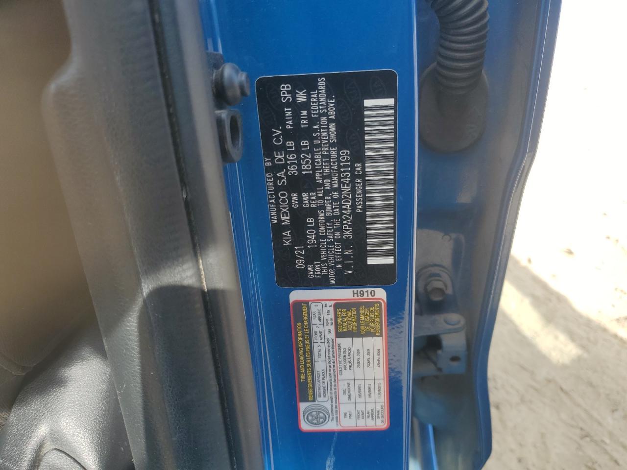 2022 Kia Rio Lx VIN: 3KPA24AD2NE431199 Lot: 85339035