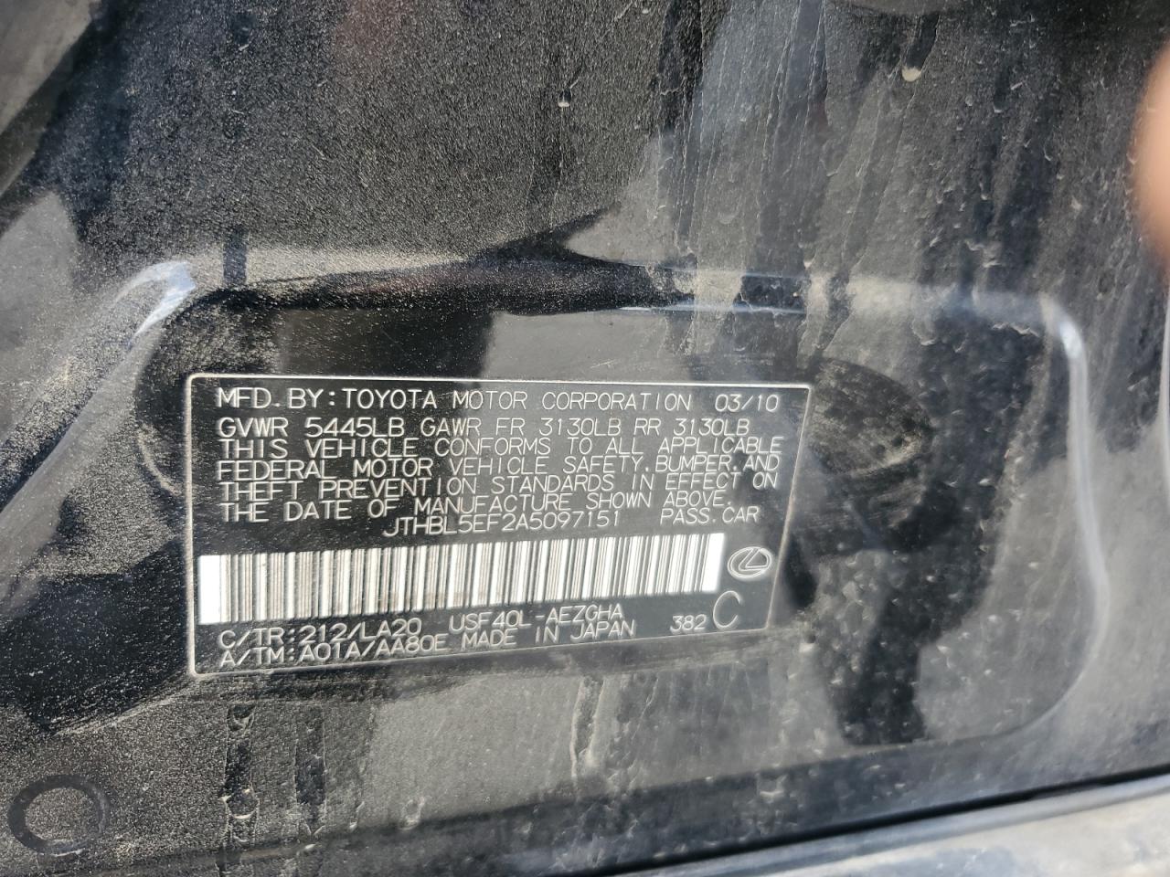 2010 Lexus Ls 460 VIN: JTHBL5EF2A5097151 Lot: 85722375