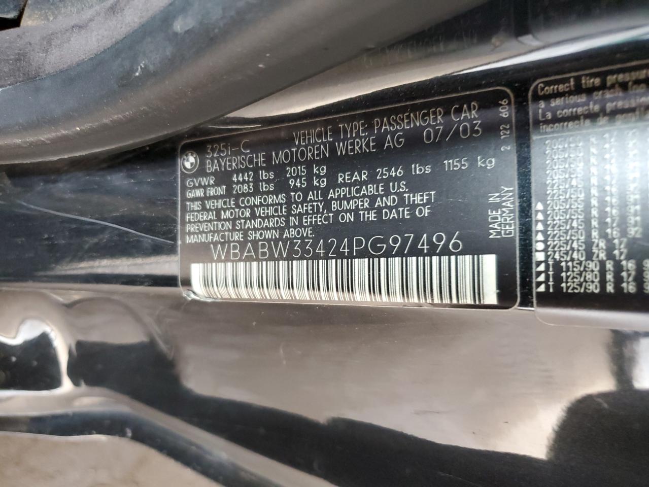 2004 BMW 325 Ci VIN: WBABW33424PG97496 Lot: 82645425