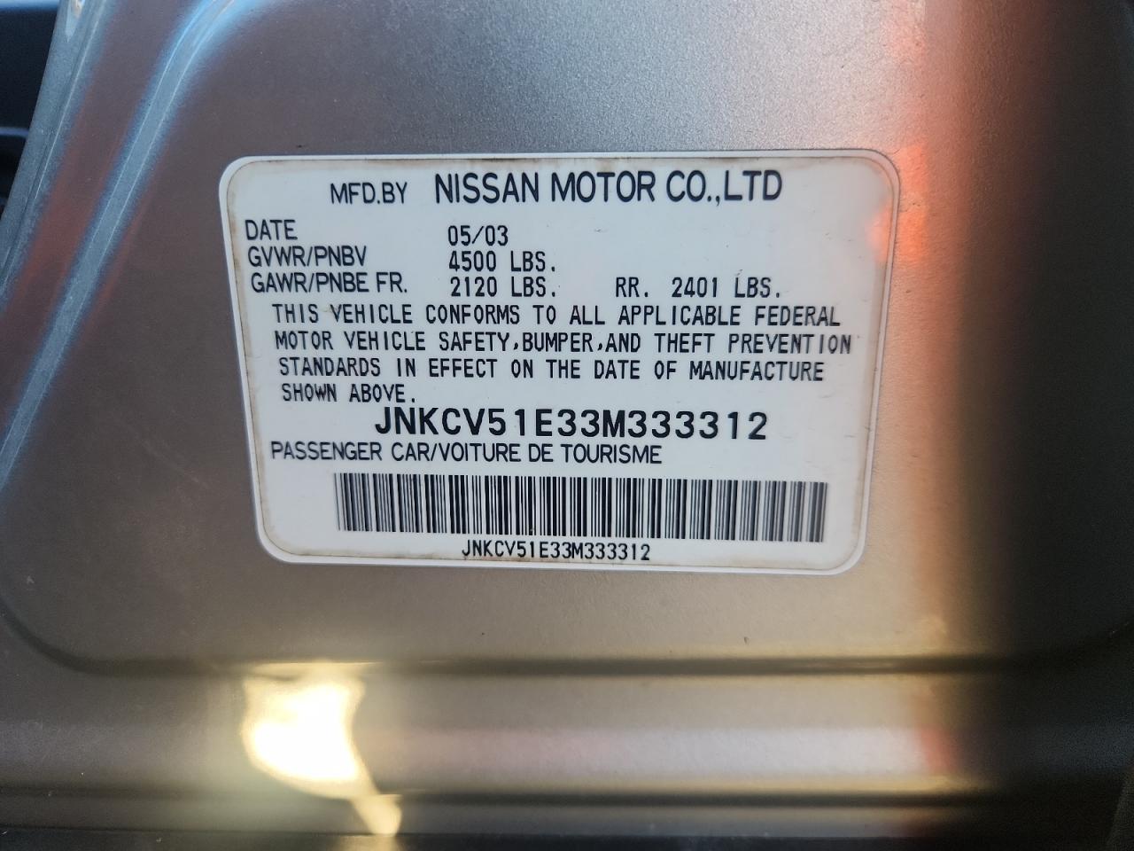 2003 Infiniti G35 VIN: JNKCV51E33M333312 Lot: 84893835