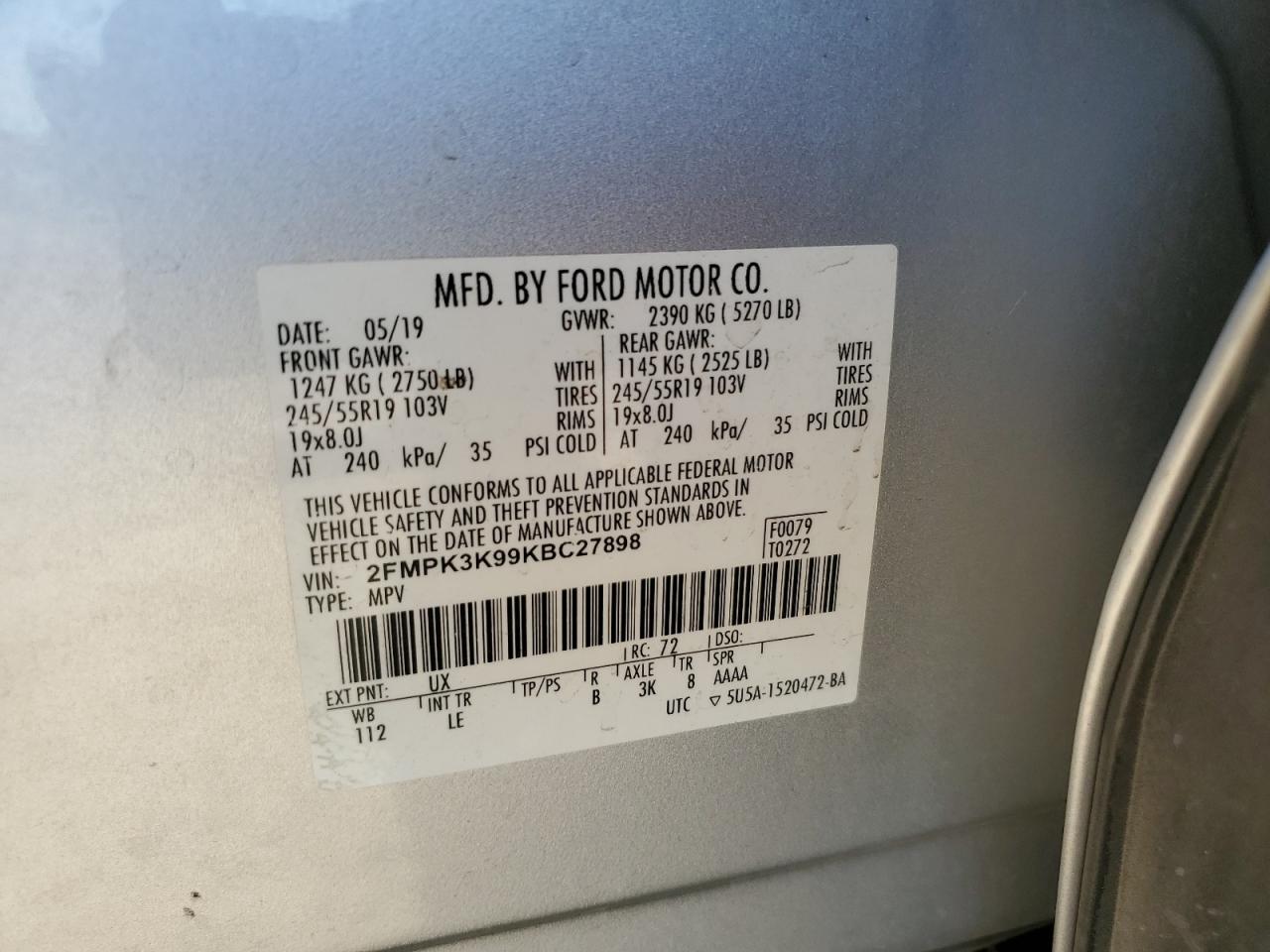 2019 Ford Edge Titanium VIN: 2FMPK3K99KBC27898 Lot: 86822825