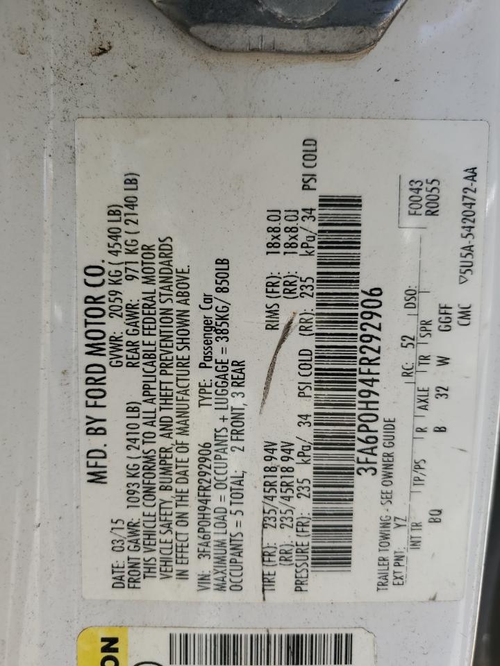 2015 Ford Fusion Se VIN: 3FA6P0H94FR292906 Lot: 84948115