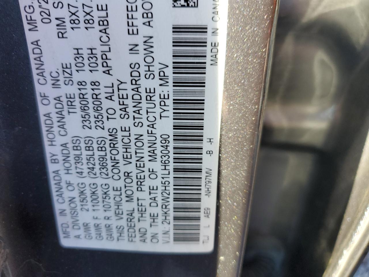 2020 Honda Cr-V Ex VIN: 2HKRW2H51LH630490 Lot: 87279465