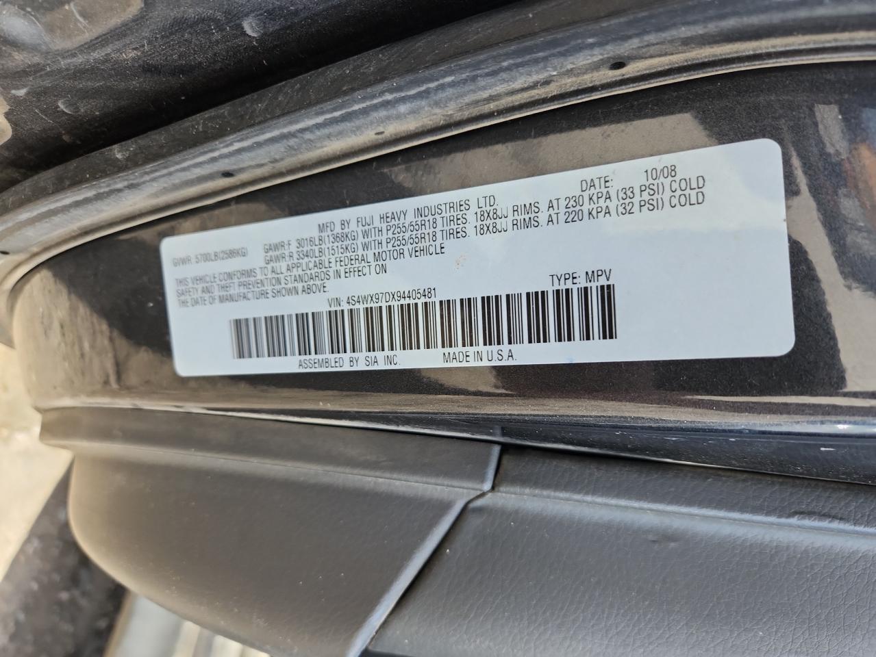 2009 Subaru Tribeca Limited VIN: 4S4WX97DX94405481 Lot: 85365595