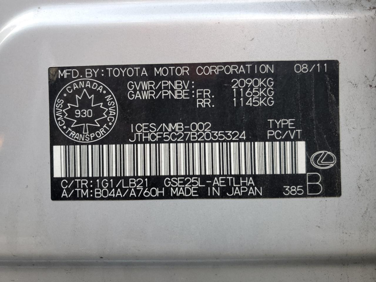 2011 Lexus Is 250 VIN: JTHCF5C27B2035324 Lot: 87098485