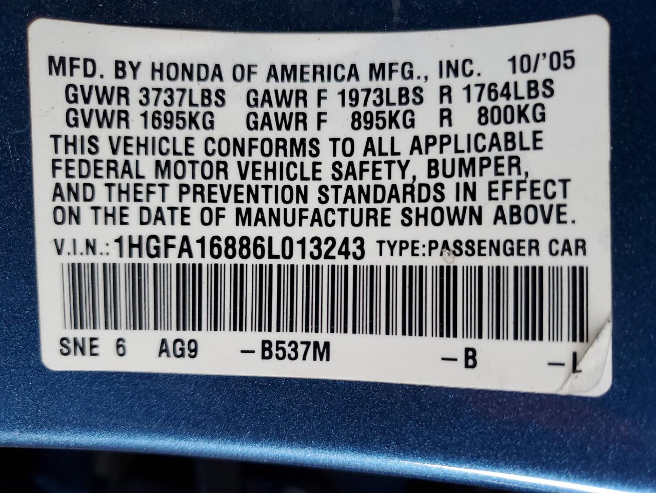 2006 Honda Civic Ex VIN: 1HGFA16886L013243 Lot: 85298795