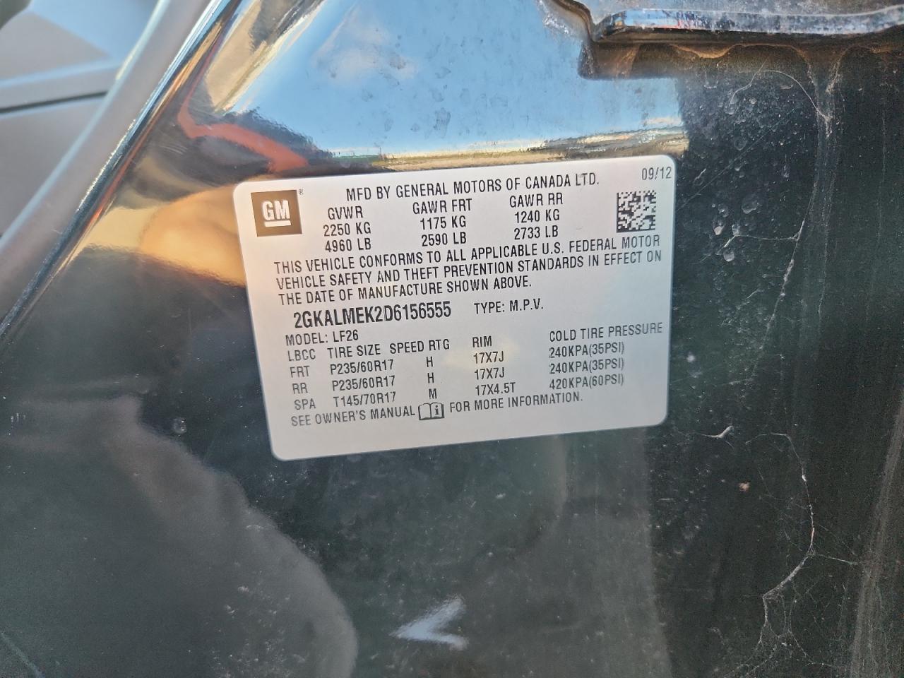 2013 GMC Terrain Sle VIN: 2GKALMEK2D6156555 Lot: 82388515