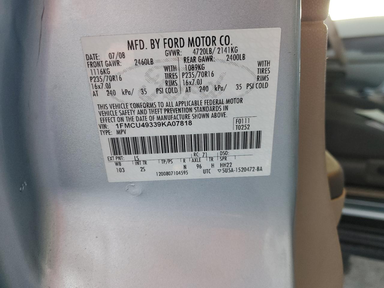 2009 Ford Escape Hybrid VIN: 1FMCU49339KA07818 Lot: 86084815