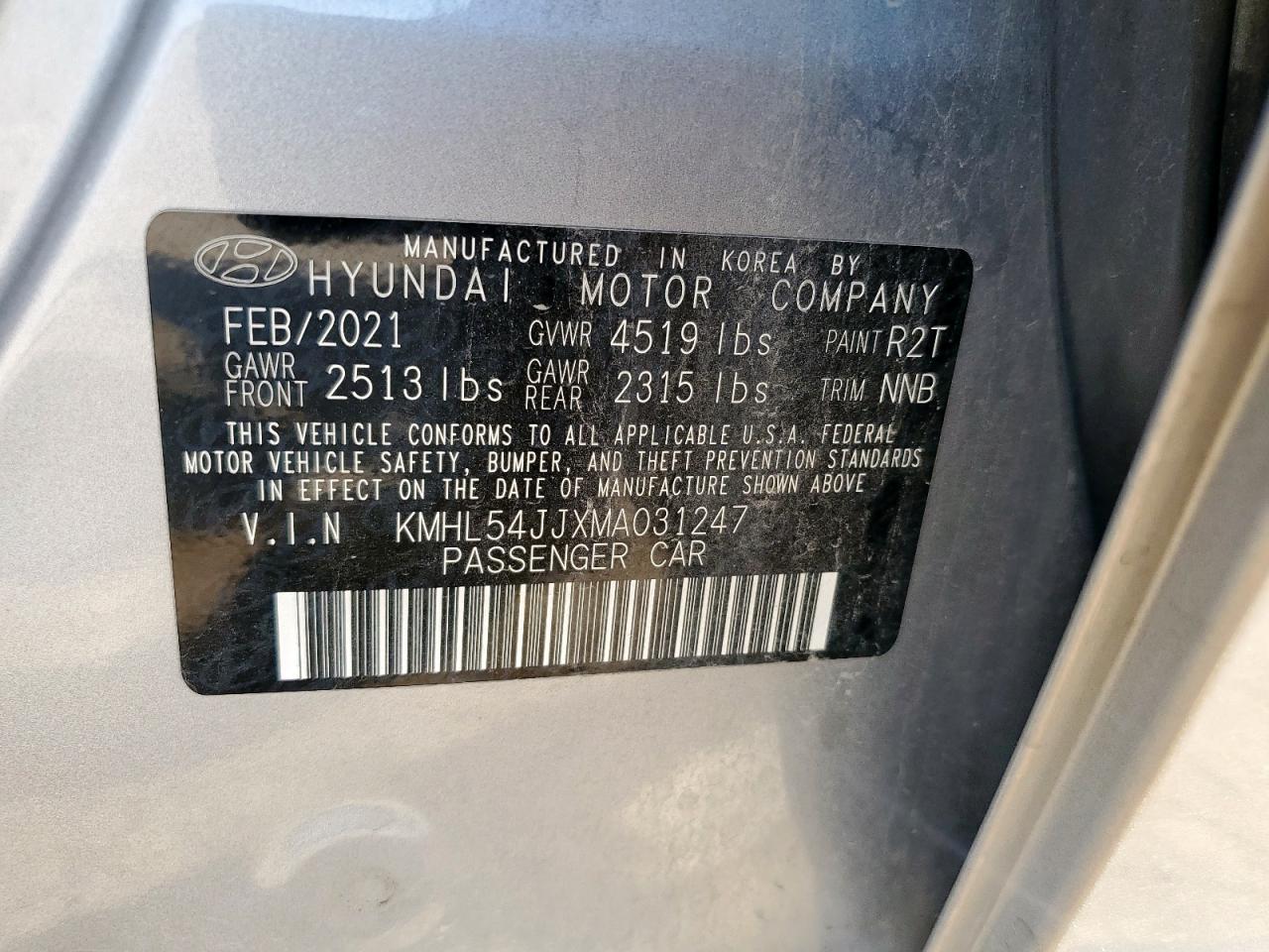 2021 Hyundai Sonata Hybrid VIN: KMHL54JJXMA031247 Lot: 82448875