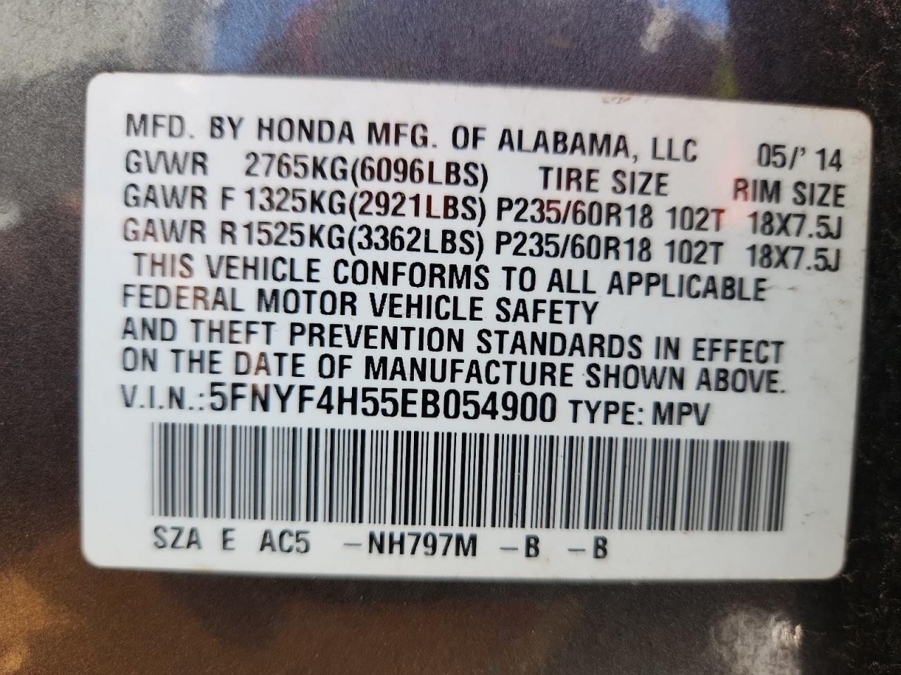 2014 Honda Pilot Exl VIN: 5FNYF4H55EB054900 Lot: 82346645