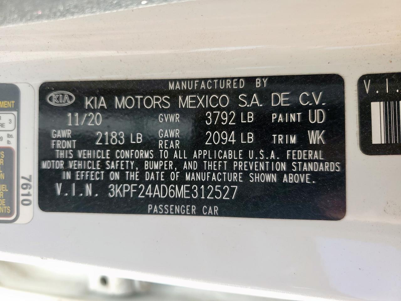 2021 Kia Forte Fe VIN: 3KPF24AD6ME312527 Lot: 90450515