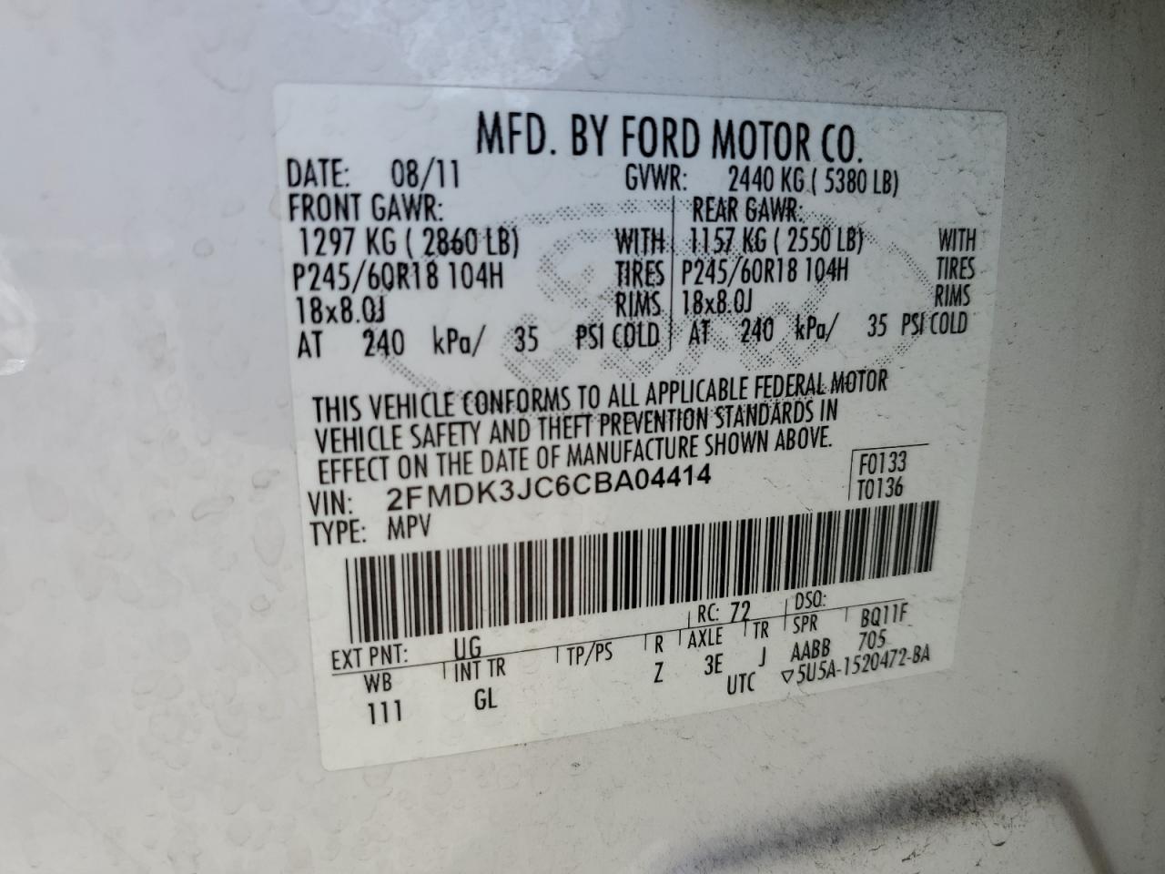 2012 Ford Edge Sel VIN: 2FMDK3JC6CBA04414 Lot: 82224315