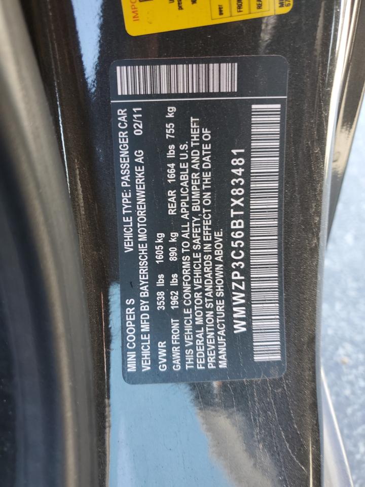 2011 Mini Cooper S VIN: WMWZP3C56BTX83481 Lot: 86659925