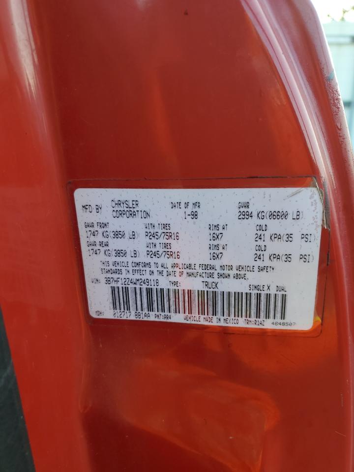1998 Dodge Ram 1500 VIN: 3B7HF12Z4WM249118 Lot: 90224485