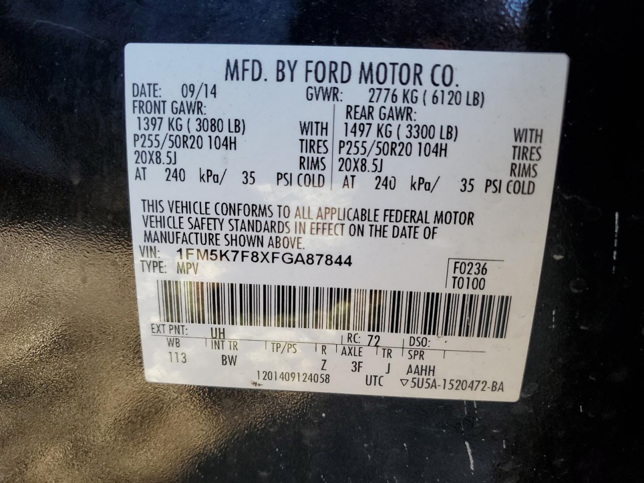 2015 Ford Explorer Limited VIN: 1FM5K7F8XFGA87844 Lot: 82189235