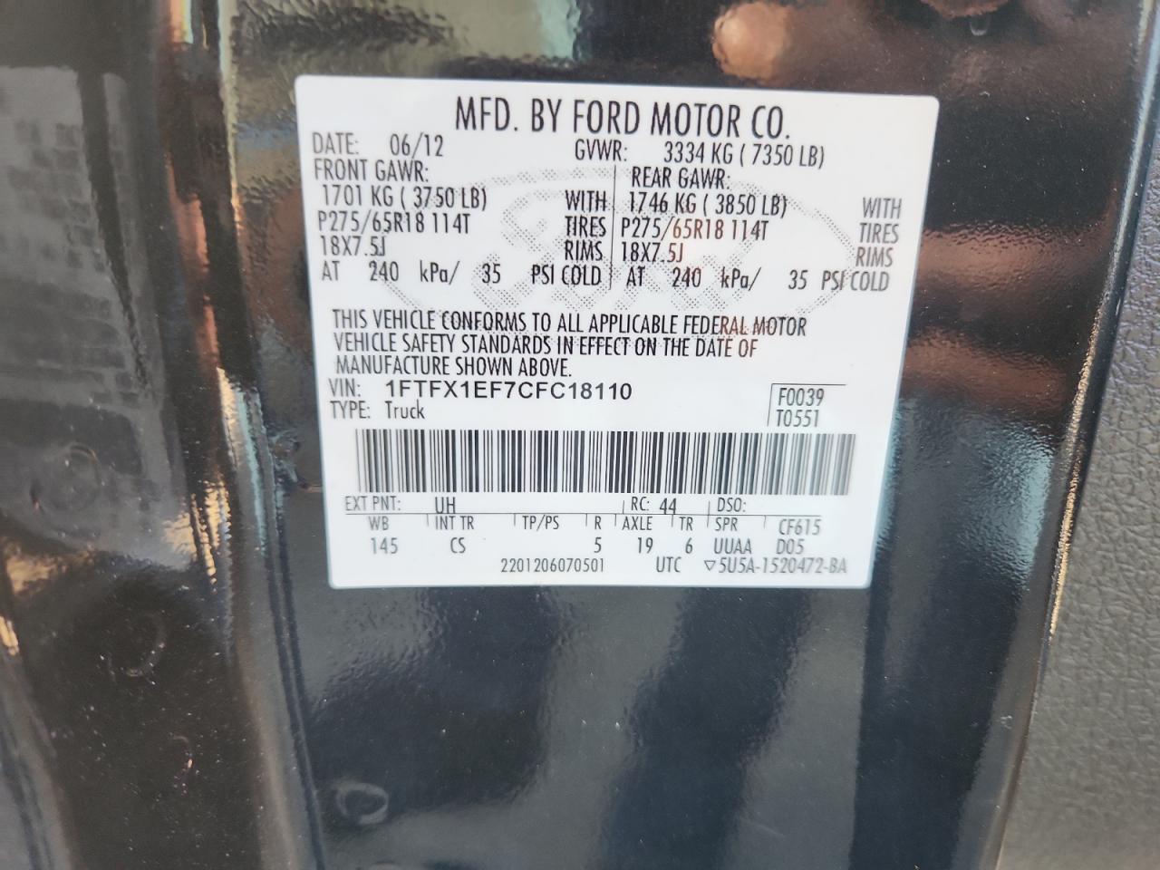 2012 Ford F150 Super Cab VIN: 1FTFX1EF7CFC18110 Lot: 86714155