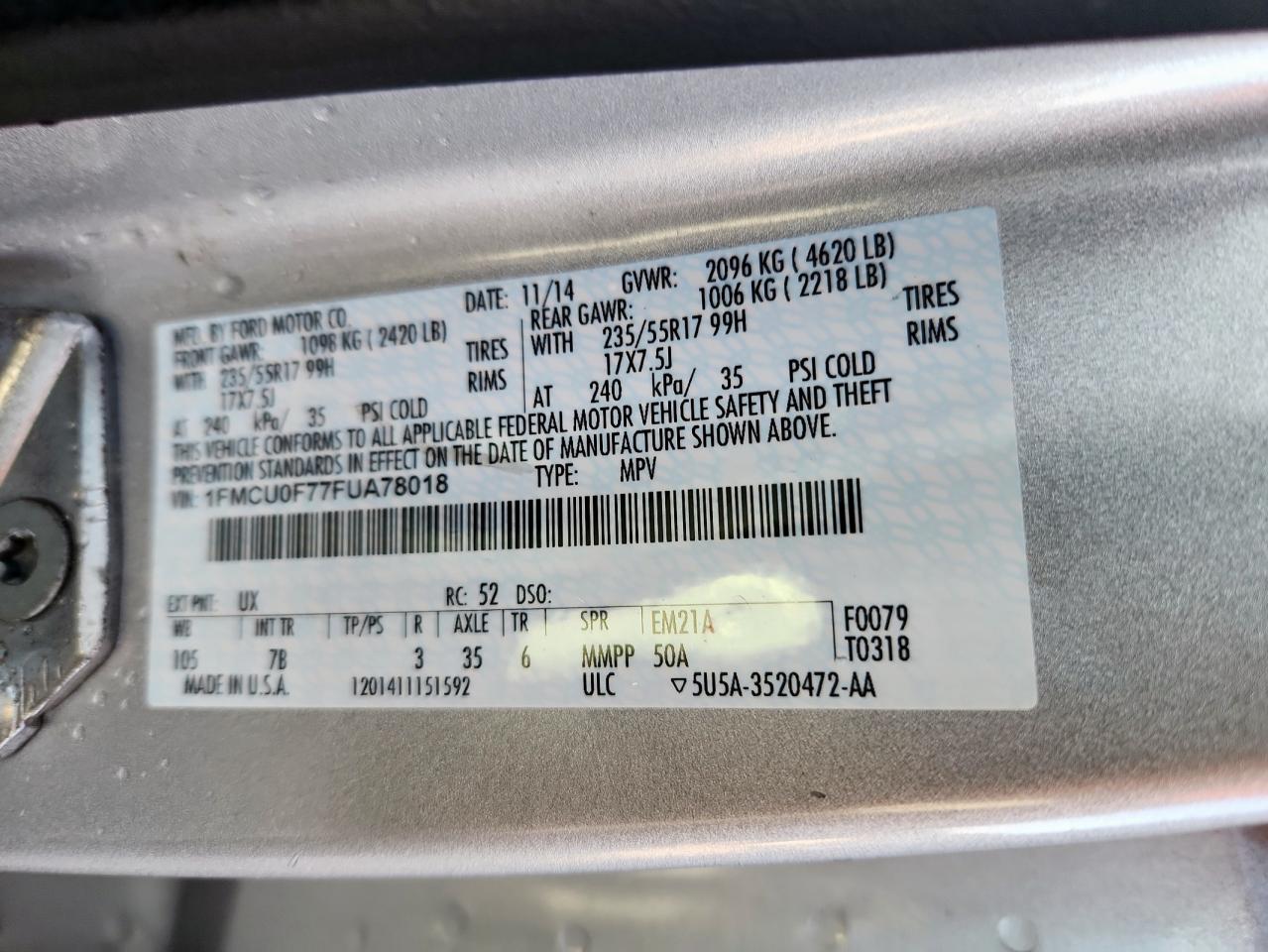 2015 Ford Escape S VIN: 1FMCU0F77FUA78018 Lot: 86138485