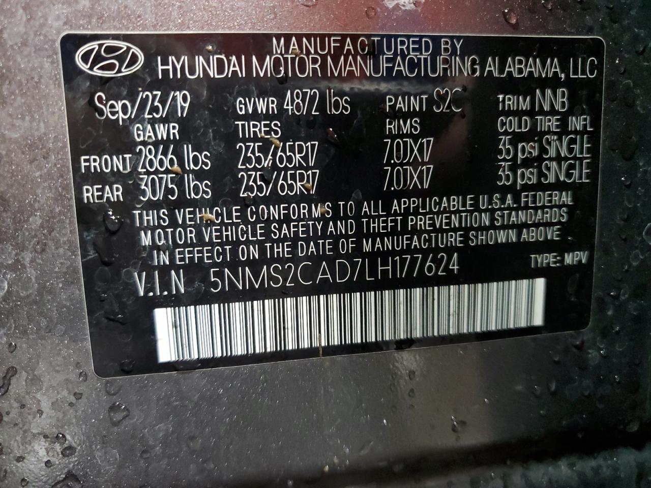 2020 Hyundai Santa Fe Se VIN: 5NMS2CAD7LH177624 Lot: 84727535