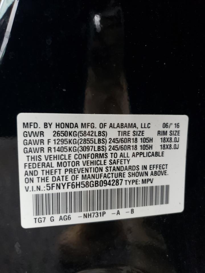 2016 Honda Pilot Exl VIN: 5FNYF6H58GB094287 Lot: 90868335