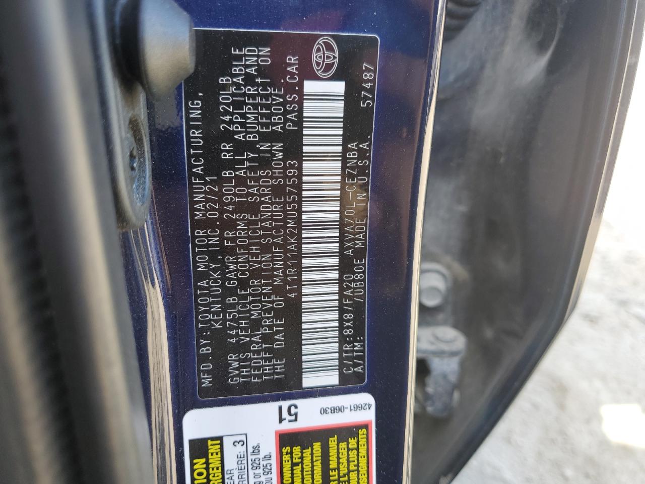 2021 Toyota Camry Le VIN: 4T1R11AK2MU557593 Lot: 87488055