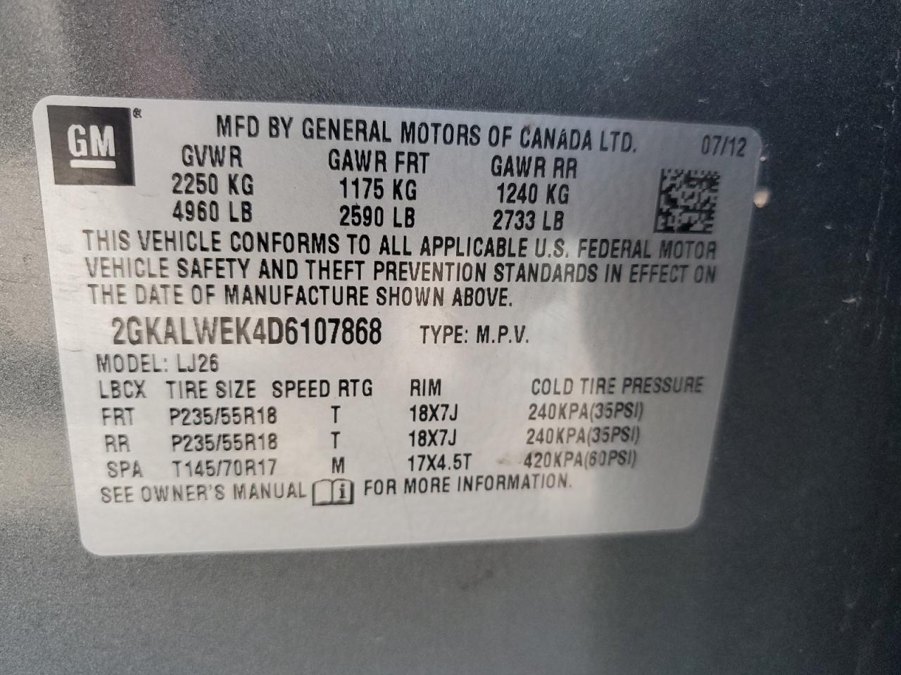 2013 GMC Terrain Slt VIN: 2GKALWEK4D6107868 Lot: 82512515