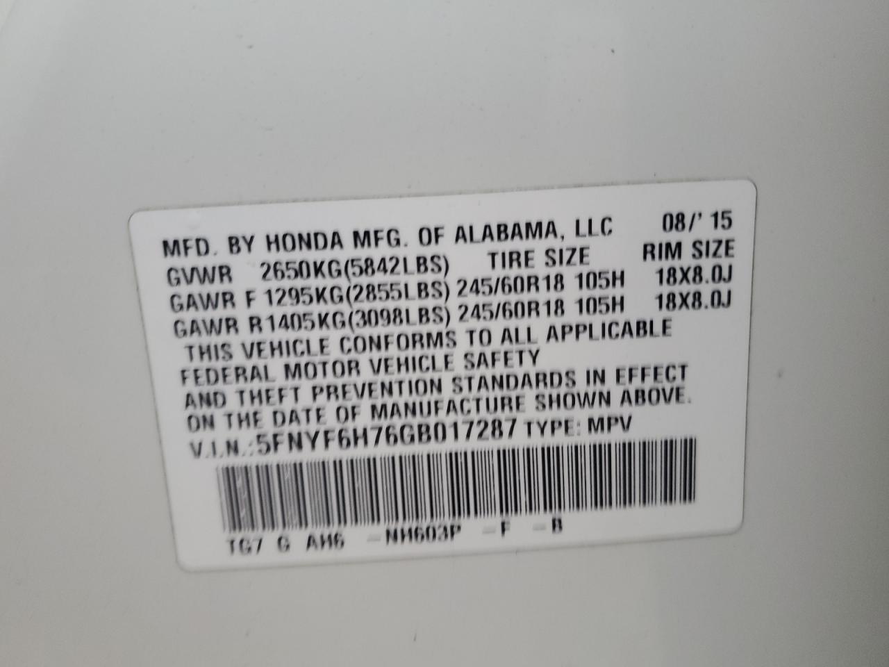 2016 Honda Pilot Exln VIN: 5FNYF6H76GB017287 Lot: 82216105