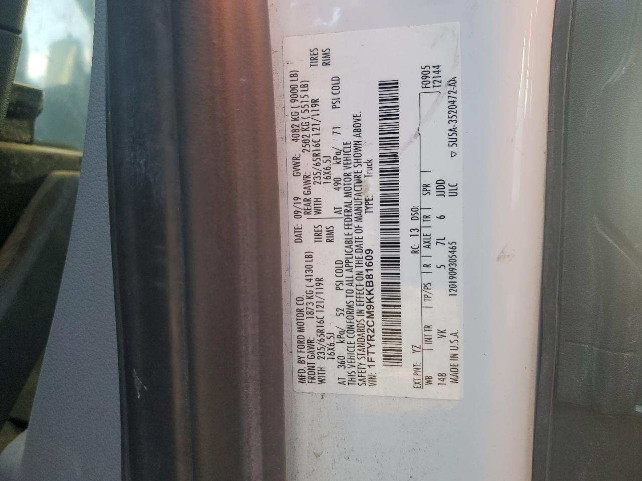 2019 Ford Transit T-250 VIN: 1FTYR2CM9KKB81609 Lot: 85824445