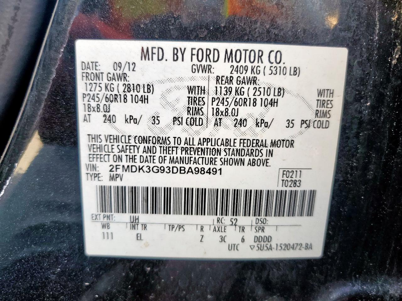 2013 Ford Edge Se VIN: 2FMDK3G93DBA98491 Lot: 86140685