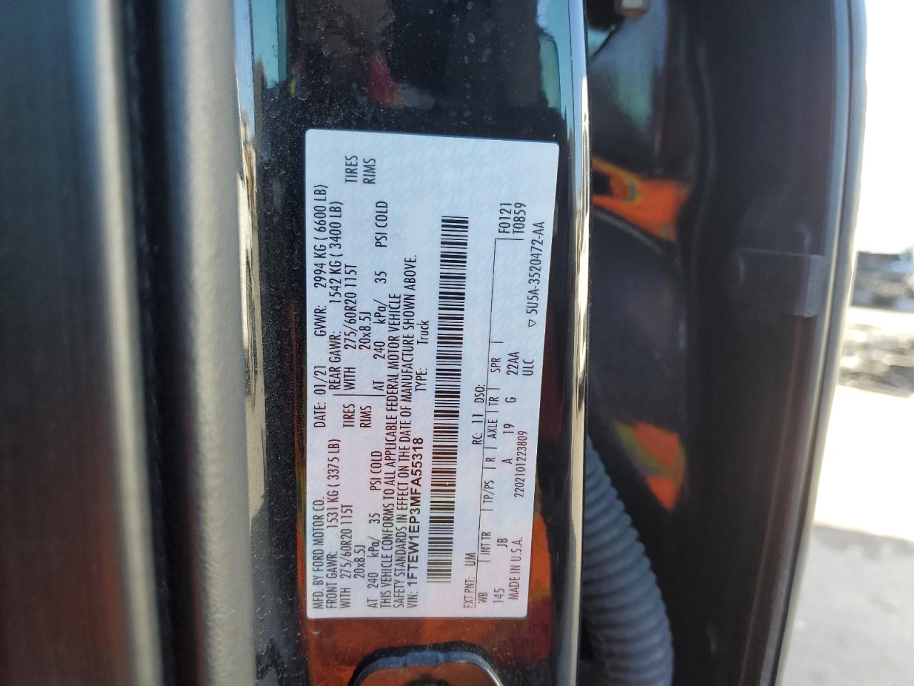 2021 Ford F150 Supercrew VIN: 1FTEW1EP3MFA55318 Lot: 90423755