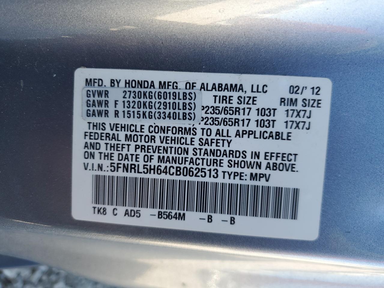 2012 Honda Odyssey Exl VIN: 5FNRL5H64CB062513 Lot: 89696845