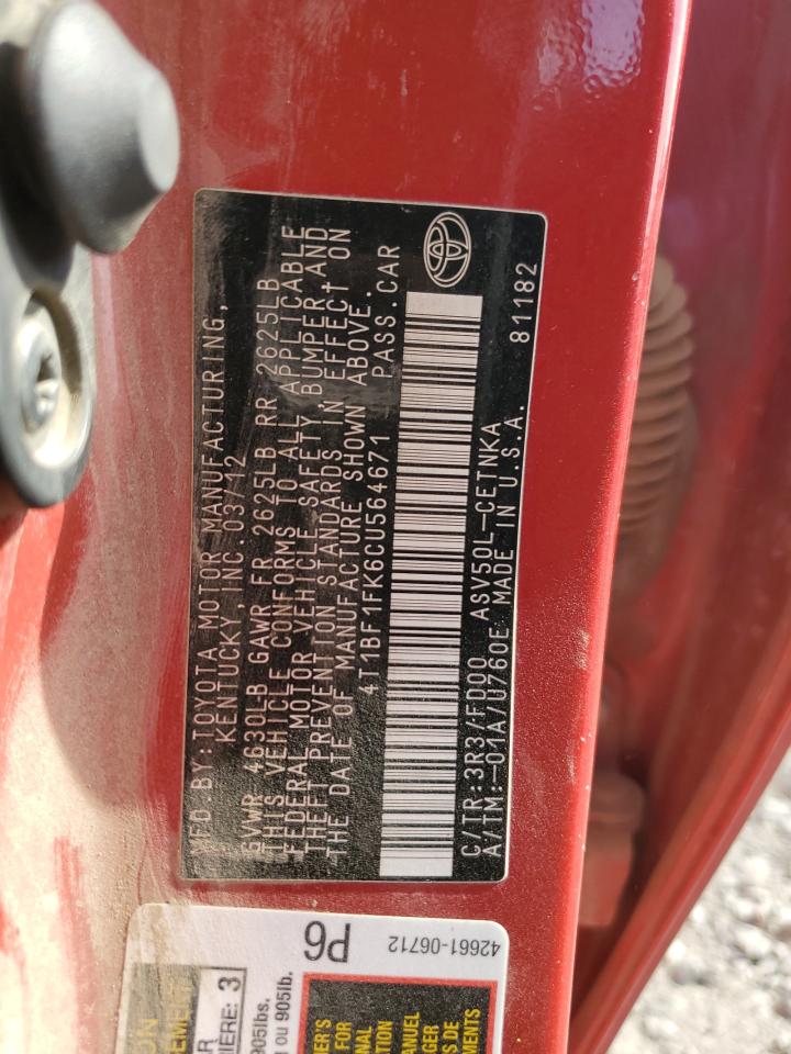 2012 Toyota Camry Base VIN: 4T1BF1FK6CU564671 Lot: 86274955