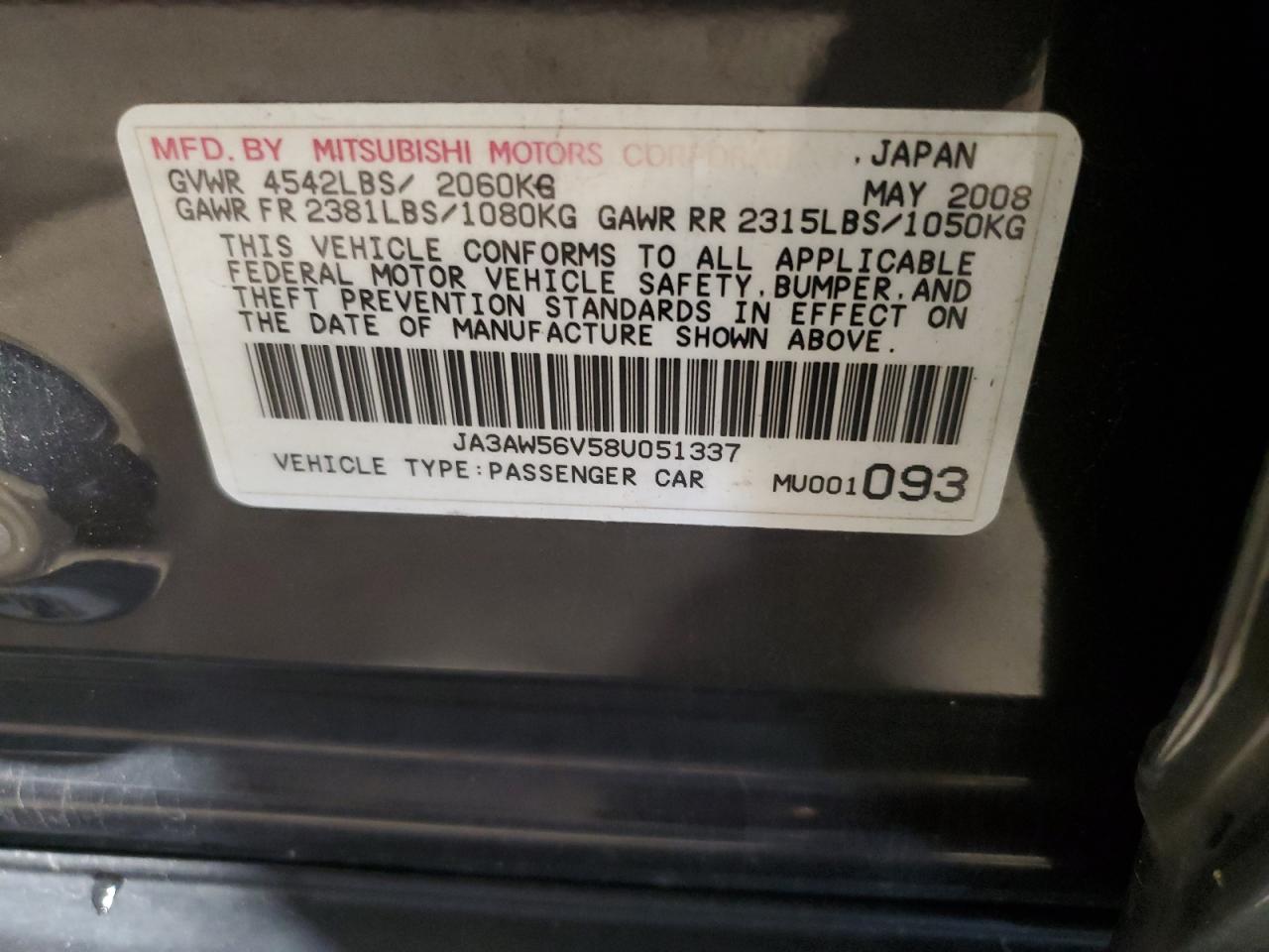 2008 Mitsubishi Lancer Evolution Mr VIN: JA3AW56V58U051337 Lot: 84722535