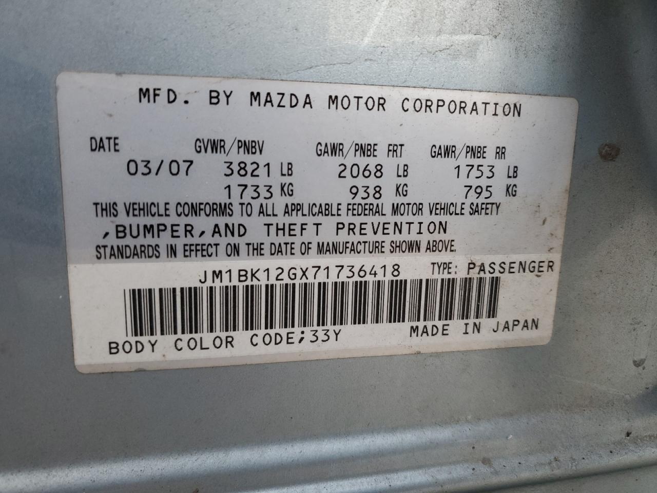 2007 Mazda 3 I VIN: JM1BK12GX71736418 Lot: 84821335