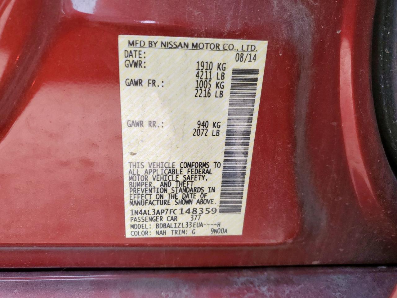 2015 Nissan Altima 2.5 VIN: 1N4AL3AP7FC148359 Lot: 84999125