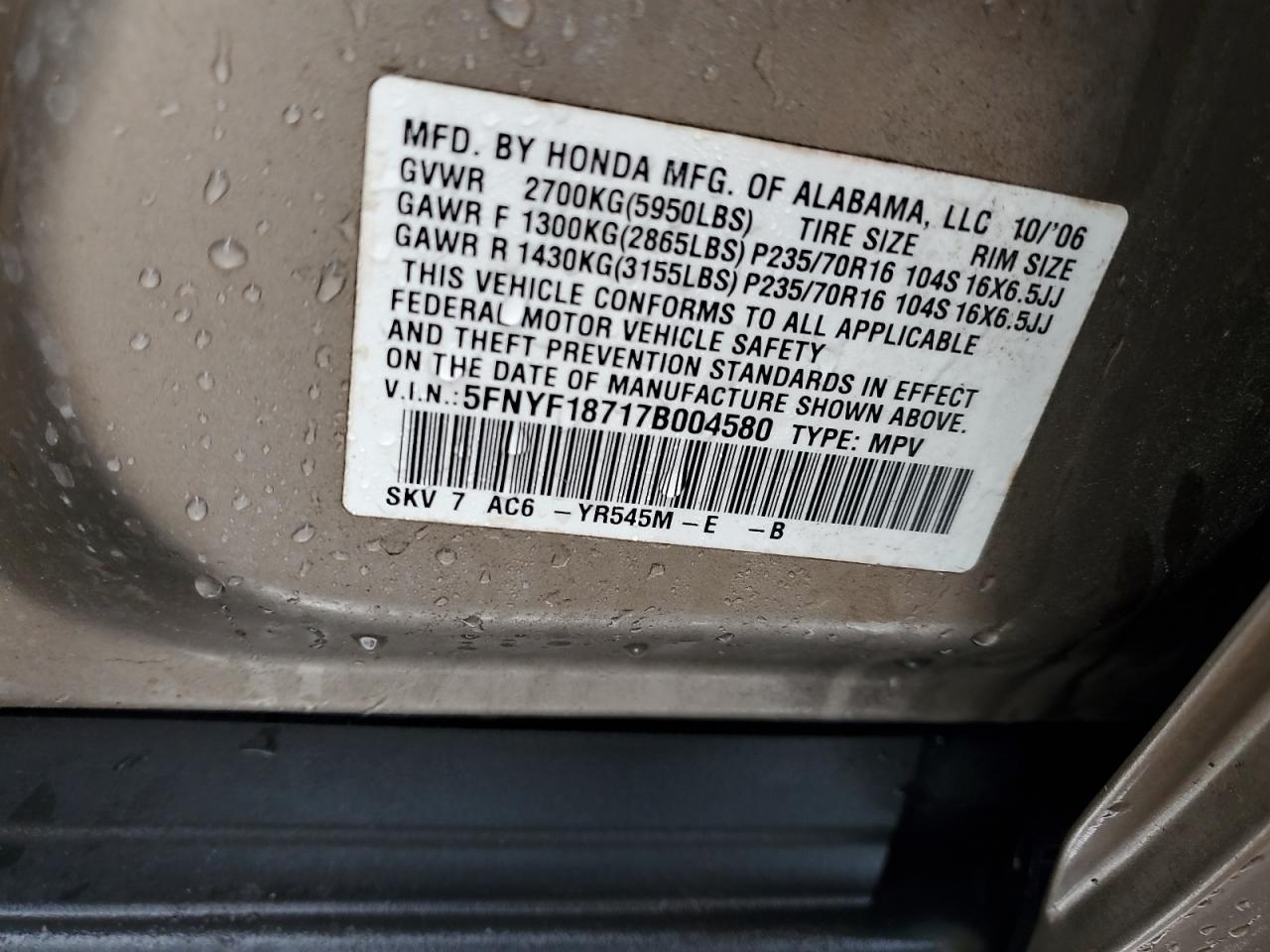 2007 Honda Pilot Exl VIN: 5FNYF18717B004580 Lot: 86631505