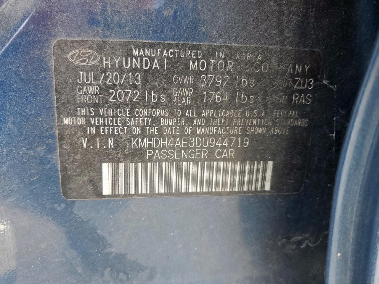 2013 Hyundai Elantra Gls VIN: KMHDH4AE3DU944719 Lot: 85685955