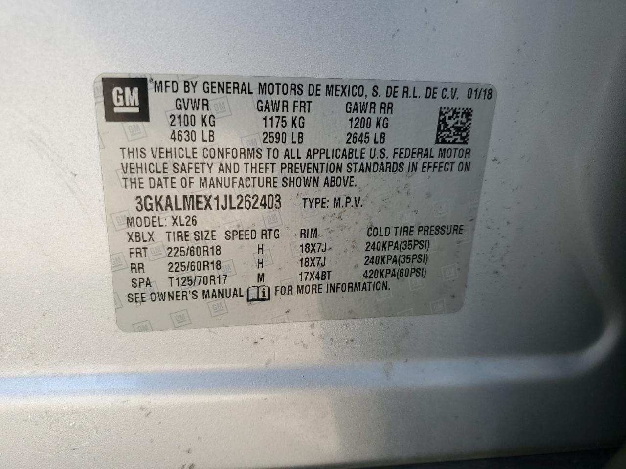 2018 GMC Terrain Sle VIN: 3GKALMEX1JL262403 Lot: 87466005