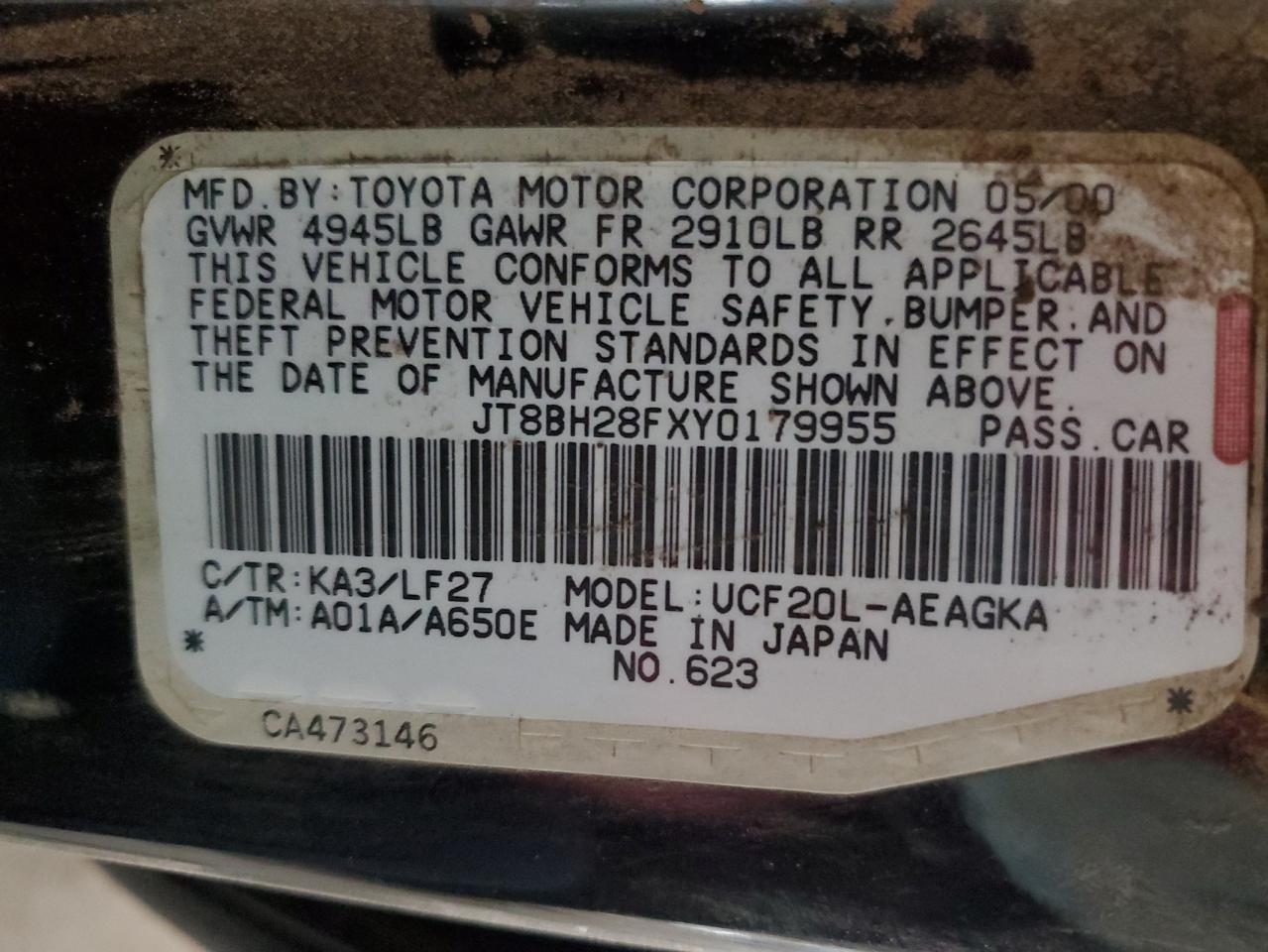 2000 Lexus Ls 400 VIN: JT8BH28FXY0179955 Lot: 85556285