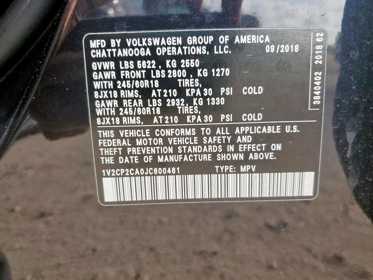 2018 Volkswagen Atlas Se VIN: 1V2CP2CA0JC600461 Lot: 85326565