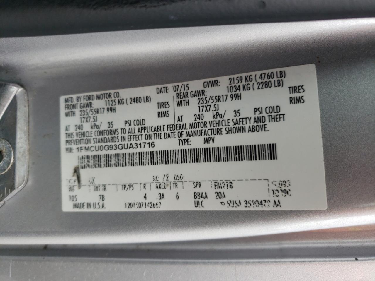 2016 Ford Escape Se VIN: 1FMCU0G93GUA31716 Lot: 89901505