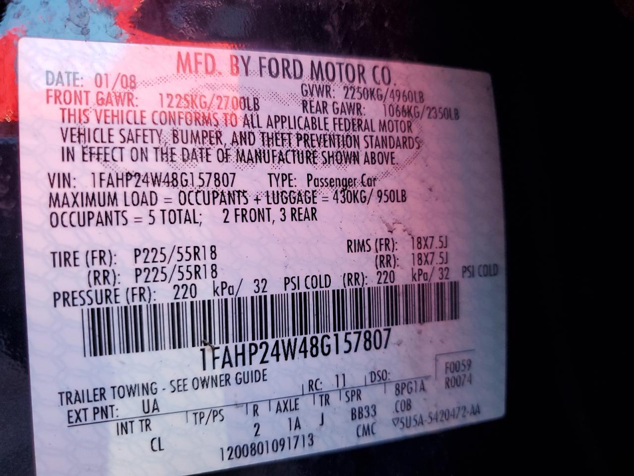 2008 Ford Taurus Sel VIN: 1FAHP24W48G157807 Lot: 85690255