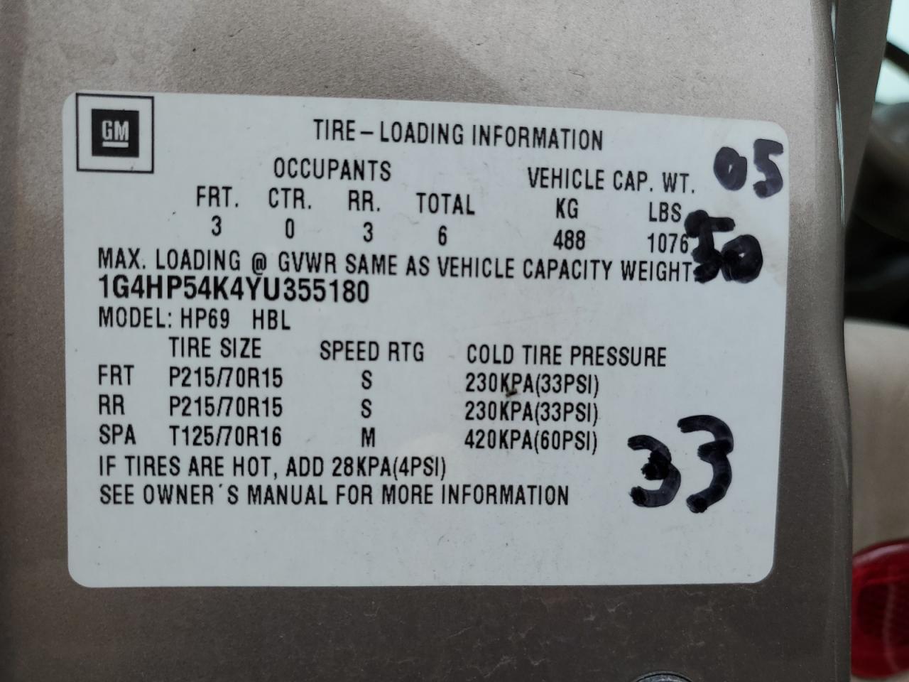 2000 Buick Lesabre Custom VIN: 1G4HP54K4YU355180 Lot: 85540075