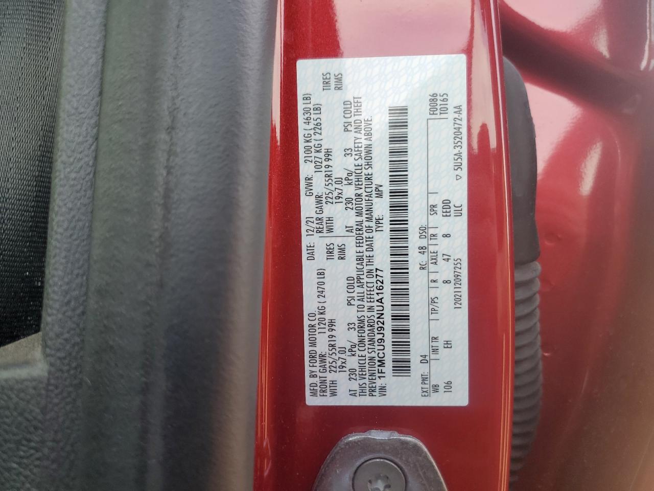 2022 Ford Escape Titanium VIN: 1FMCU9J92NUA16277 Lot: 81996565