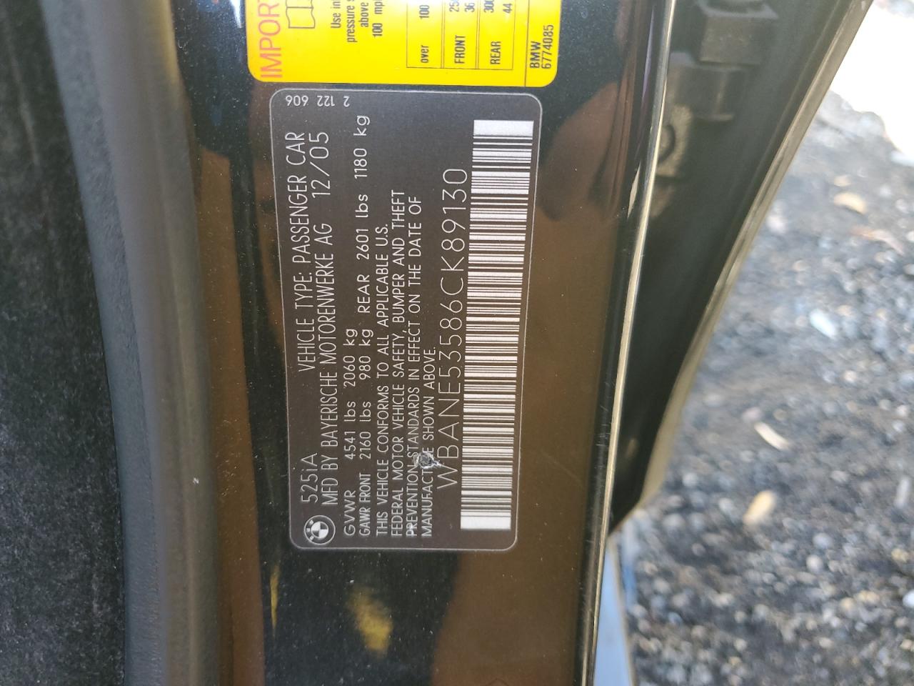 2006 BMW 525 I VIN: WBANE53586CK89130 Lot: 86088905