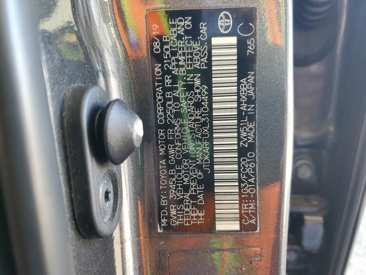 2020 Toyota Prius L VIN: JTDKARFUXL3104499 Lot: 89528845