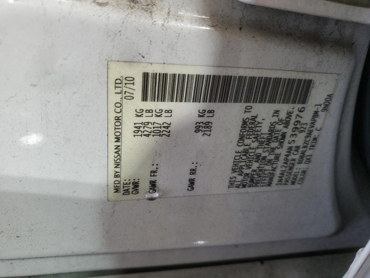 2010 Nissan Altima Base VIN: 1N4AL2AP4AN539976 Lot: 85596275