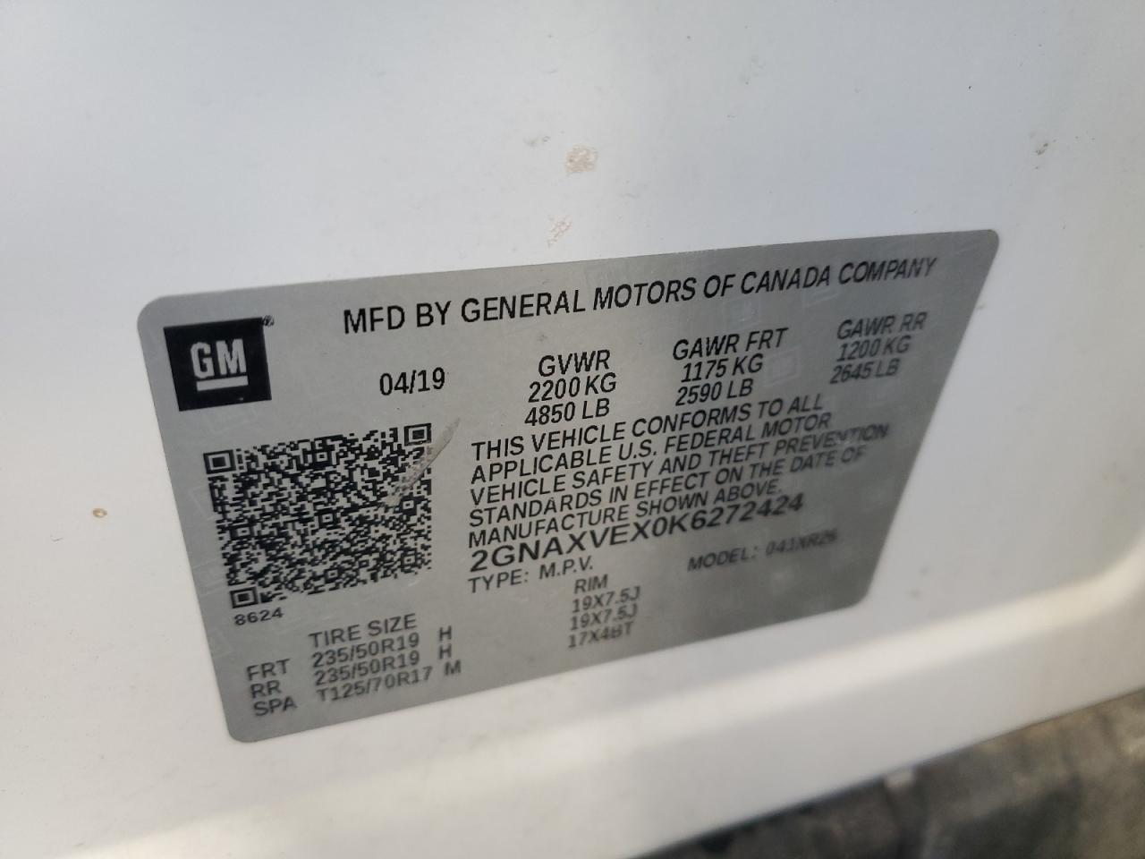 2019 Chevrolet Equinox Lt VIN: 2GNAXVEX0K6272424 Lot: 82463785