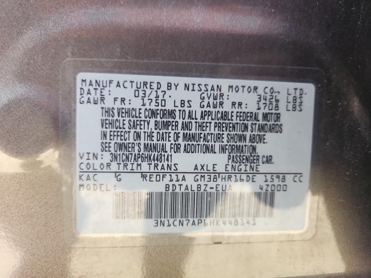 2017 Nissan Versa S VIN: 3N1CN7AP6HK448141 Lot: 82384115